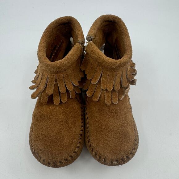 Minnetonka Double Fringe Side Zip Bootie Brown Suede Leather Little Kids US 5 - Picture 6 of 14